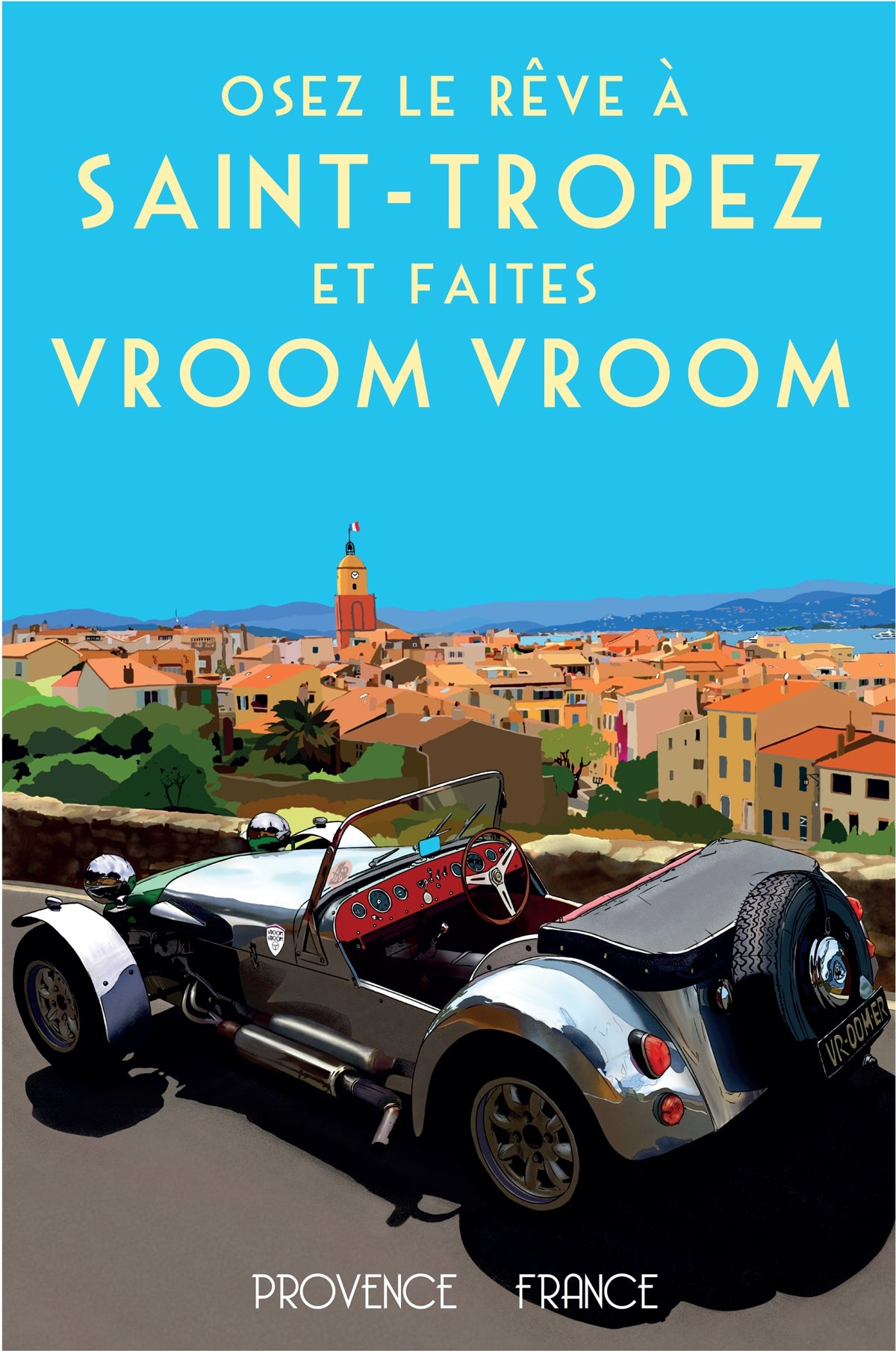 Affiche Lotus Super Seven 1963 St Tropez - Vroom Vroom
